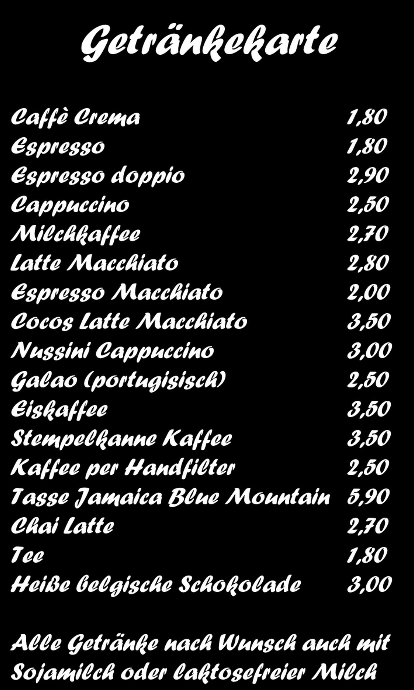 Getränkekarte Die Kaffee