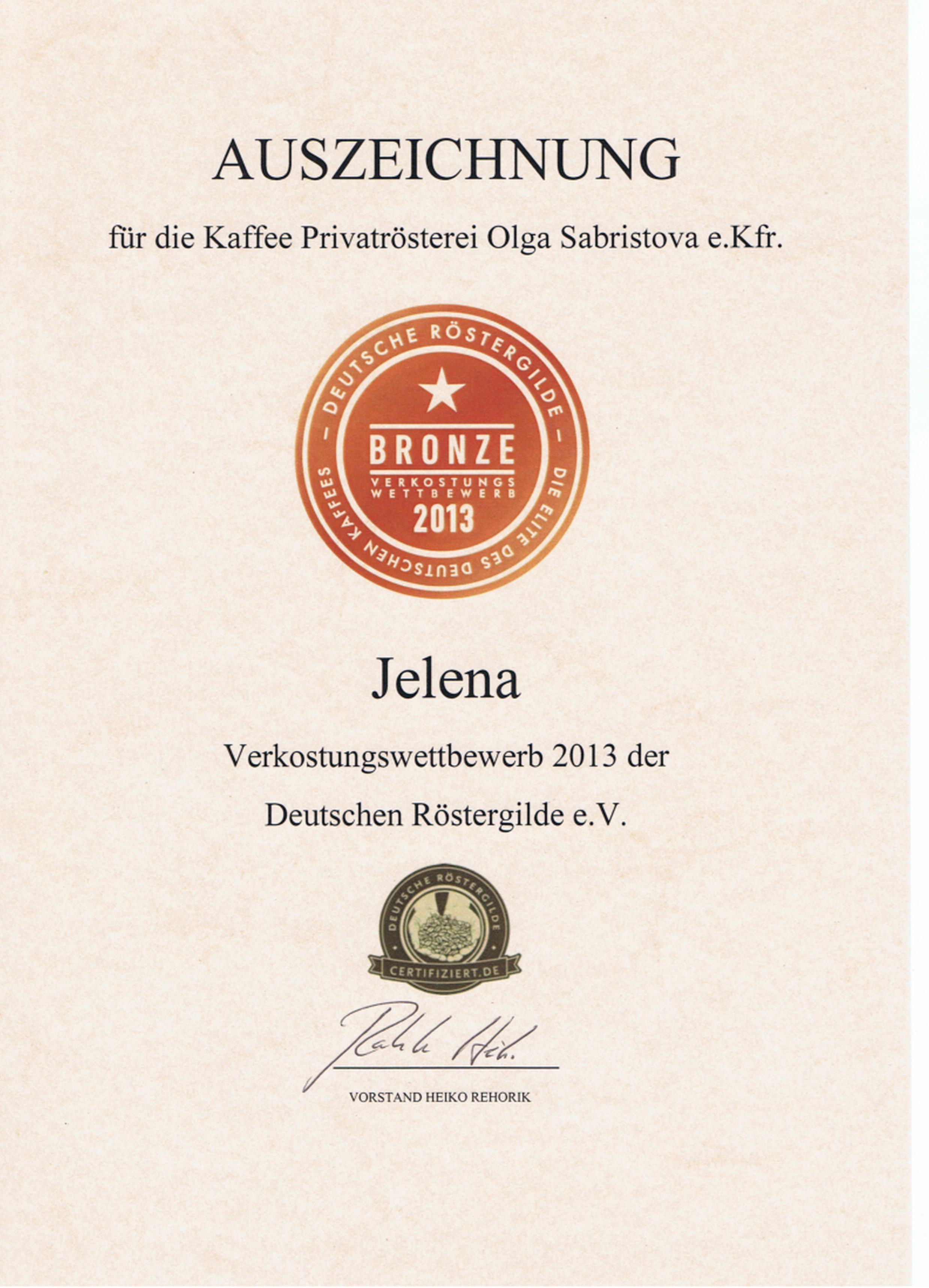 Bronzemedaille für Espresso Jelena beim Verkostungswettbewerb 2013